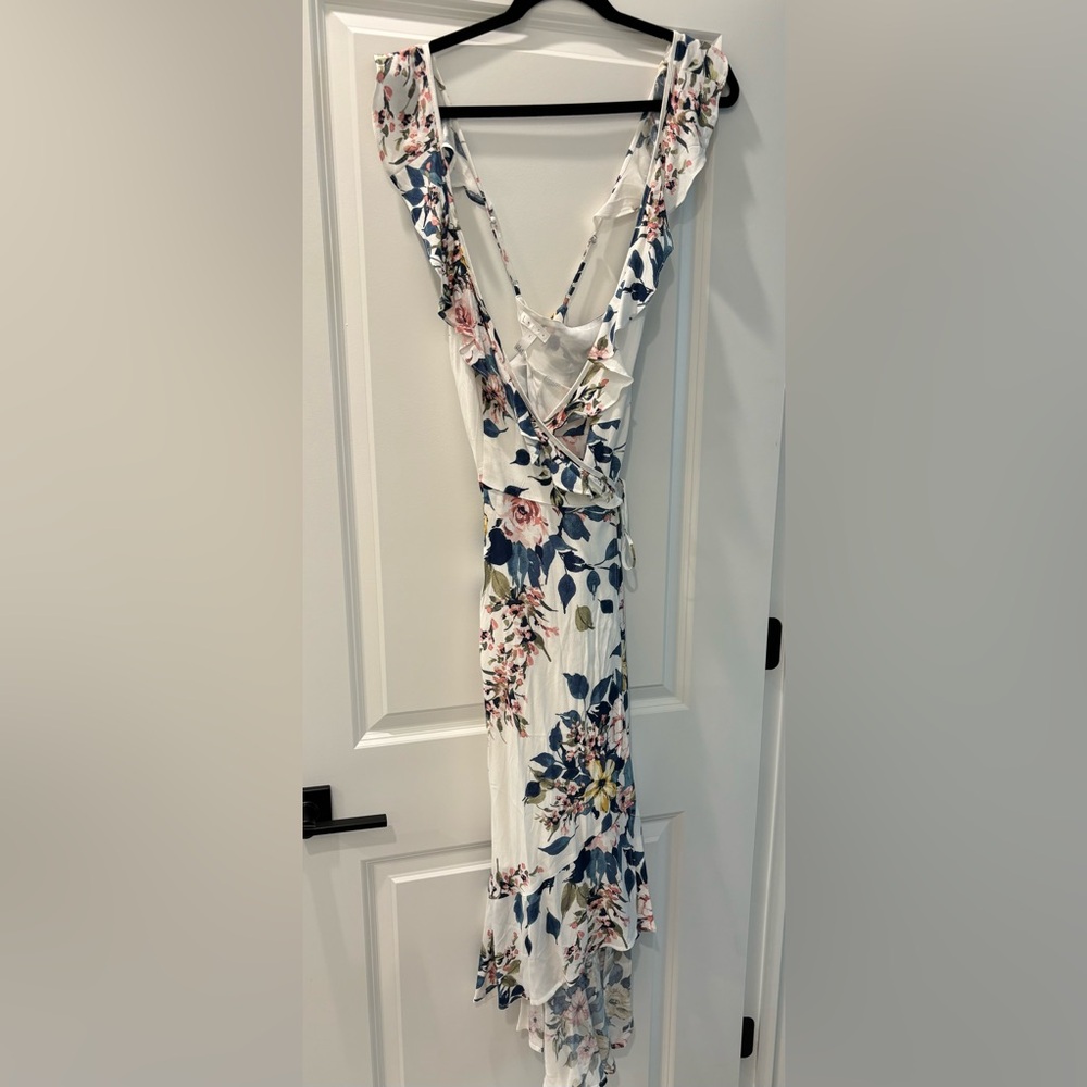 Nordstrom Leith Asymmetrical Floral Wrap Dress - White and Blue